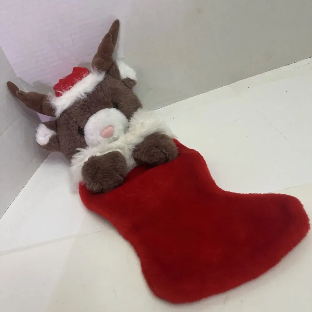 Teddy Bear Christmas Stocking Plush 3/D Hanging Reindeer Antlers